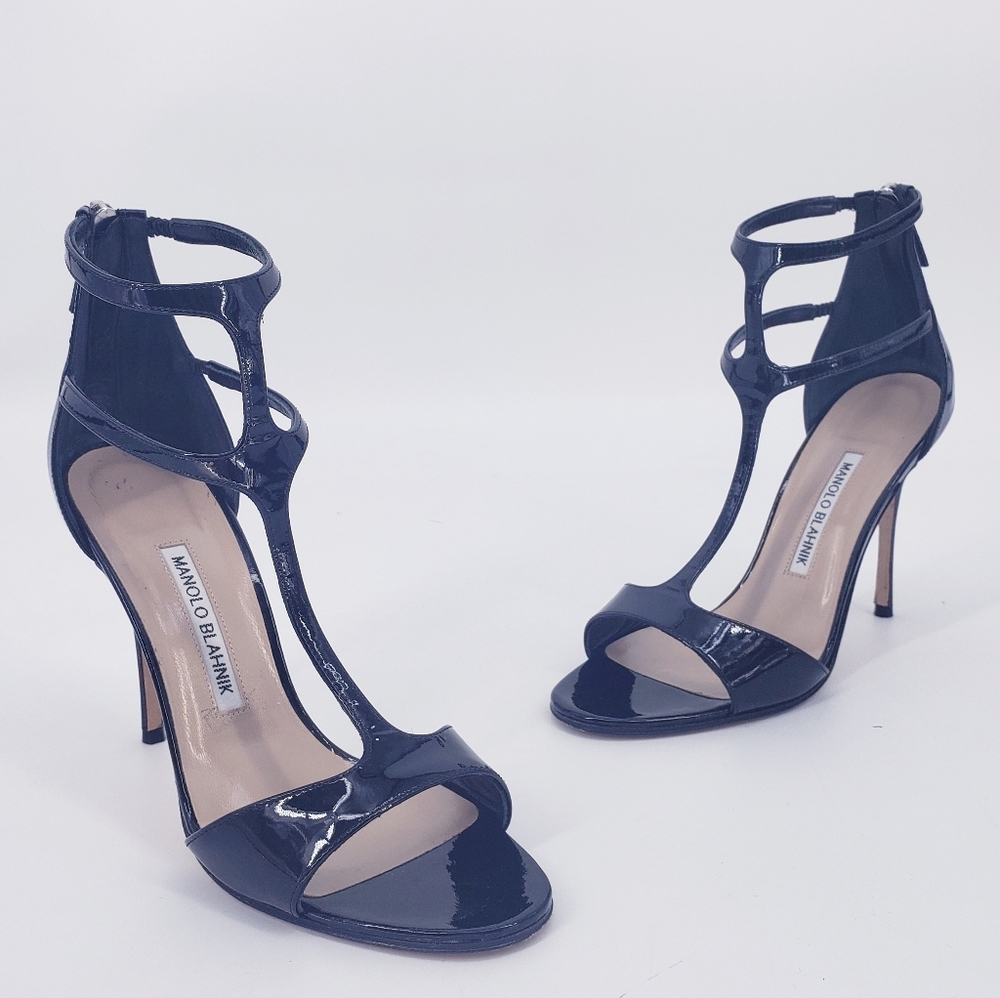 Manolo Blahnik Cellin Strappy Patent Sandal Black